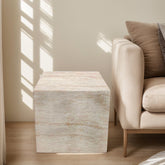 Elemental Form Travertine Stone Finish Italian Design MGO Side Accent Table, size 22 in. x 22 in. x 22 in., Perfect for both indoor and outdoor spaces.